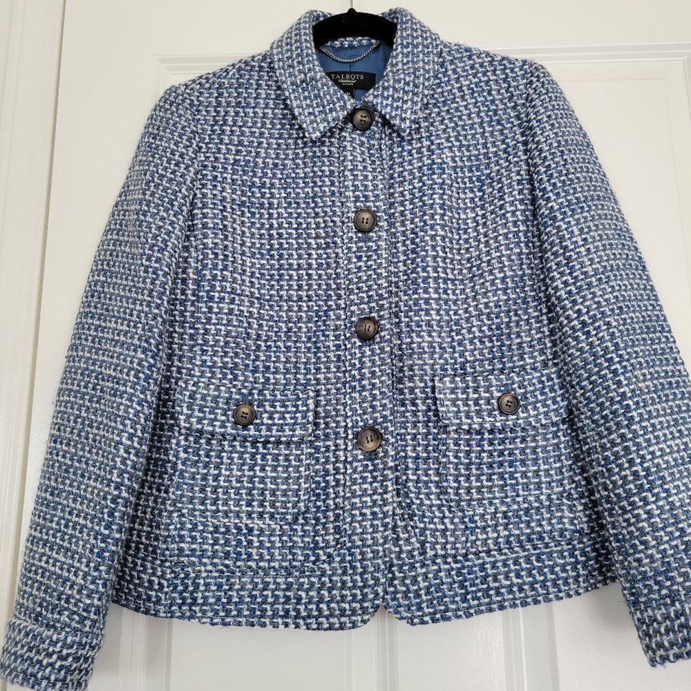 COPY - Talbots petite tweed  blazer suit jacket size 4P blue white .